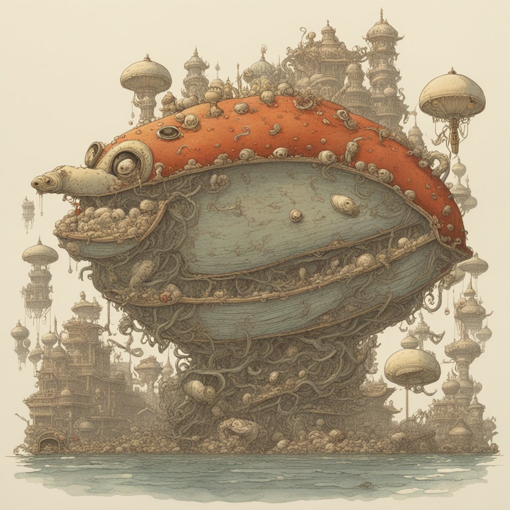 A fantastical leviathan of the deep, crowned with architectural marvels. This intricate illustration sails the imagination into uncharted waters. #FantasyArt #Steampunk #MythicalCreatures