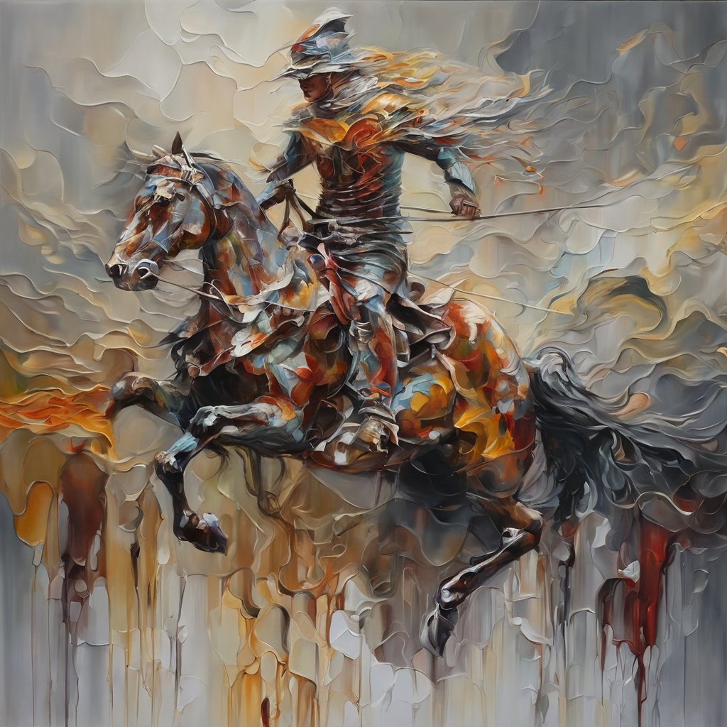 FREE__ARTS's tweet photo. Dynamic brushstrokes capture the raw energy of a rider in motion, their form melting into the very essence of speed and spirit. #EquestrianArt #MotionInArt #DynamicPainting https://t.co/L4f9UM9vmQ