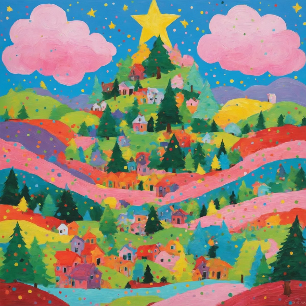 A festive dreamscape that sparkles with joy, this vibrant tableau celebrates the whimsical heart of the holiday spirit. #FestiveArt #HolidayCheer #ColorfulCreativity