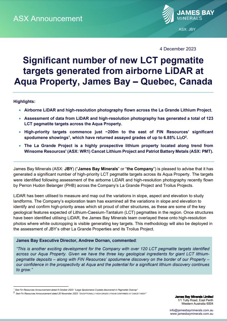 James Bay Minerals is pleased to advise that it has generated a significant number of high-priority LCT pegmatite targets across its Aqua Property, following assessment of LiDAR and high-resolution photography. ow.ly/cRbc50QeQu1 $JBY #lithium #exploration #Canada #Ontario