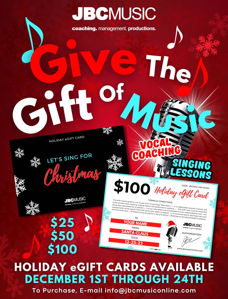 JBCMUSIC's tweet photo. #JBCMUSIC Holiday #eGiftCards are AVAILABLE NOW!🎙❄️💢

GIVE THE GIFT OF MUSIC THIS #CHRISTMAS! To purchase, visit https://t.co/Vg0jdZRkb4 or e-mail info@jbcmusiconline.com. 🎤❄️💢

#givethegiftofmusic #christmasgift #giftcard #singing #vocalcoach #vocalcoaching #singinglessons https://t.co/7UWmYig7G7