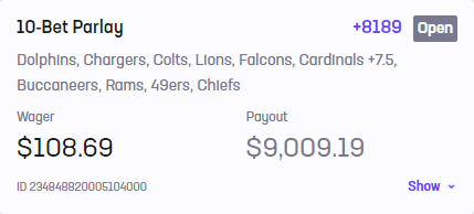 10-leg parlay comes down to KC ML

$100 -> $9k

Let it ride? <a href="/br_betting/">br_betting</a> <a href="/HardRockBet/">Hard Rock Bet</a> <a href="/barstoolsports/">Barstool Sports</a>