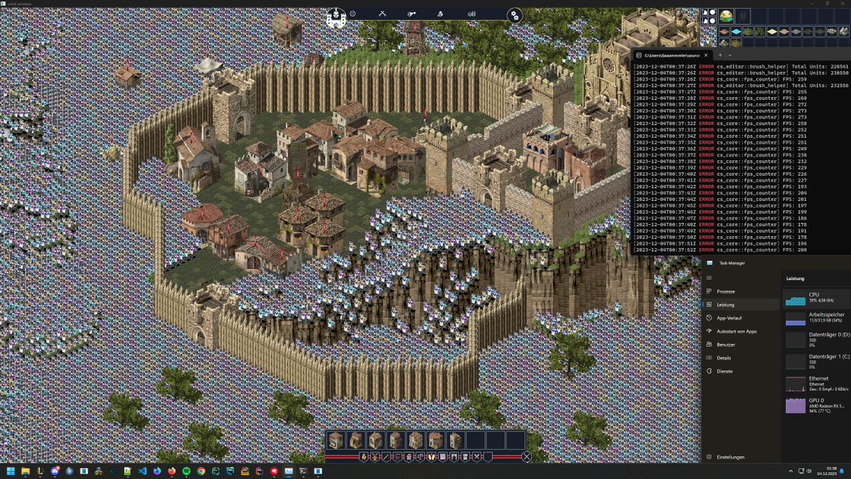 C0deParadox's tweet photo. Exciting Development Update! 🚀 Get ready for my high-performance castle builder, currently in development! 🌟 A sneak peek at the grandeur of over 200,000 units poised to shape your kingdom 🏹 #IndieGameDev #Isometric #CastleBuilding #Rust #WGPU #GameDevelopment https://t.co/jz8C7X4Rf2