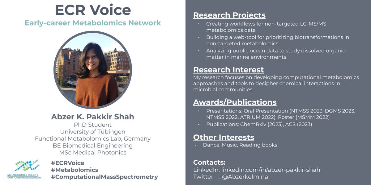 EMN Metabolomics Society (@emn_metsoc) on Twitter photo Introducing Abzer for #ECRVoices
<a href="/Abzerkelmina/">Abzer Kelminal Pakkir Mohamed Shah</a> is working on #ComputationalMassSpectrometry and she is based in Tübingen, Germany 🇩🇪 Introducing Abzer for #ECRVoices
<a href="/Abzerkelmina/">Abzer Kelminal Pakkir Mohamed Shah</a> is working on #ComputationalMassSpectrometry and she is based in Tübingen, Germany 🇩🇪