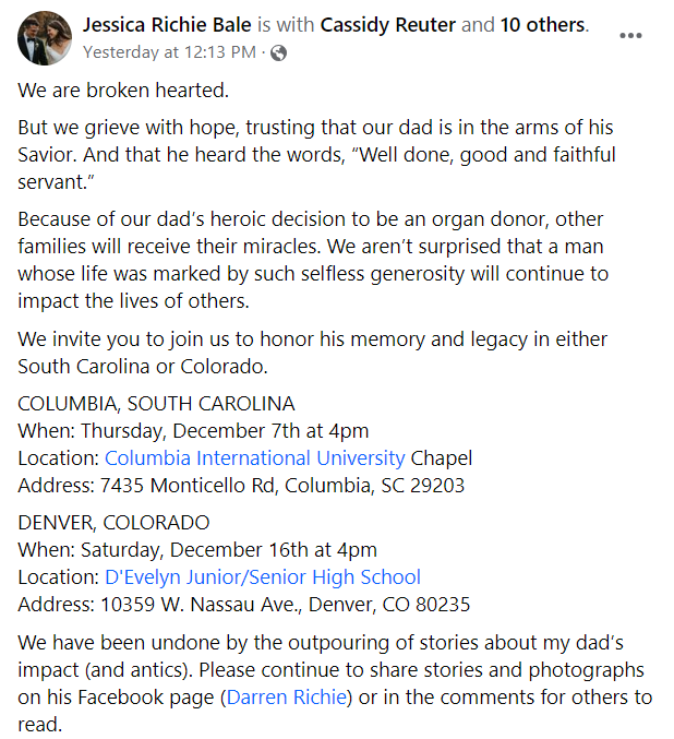 Our dear friend & Brother in Christ, Darren Richie, passed away December 1. Services will be held in South Carolina & at D'Evelyn High School in Lakewood. Please join his Colorado community & attend the Dec. 16 service @ D'Evelyn so we can collectively honor Darren @develynjrsr