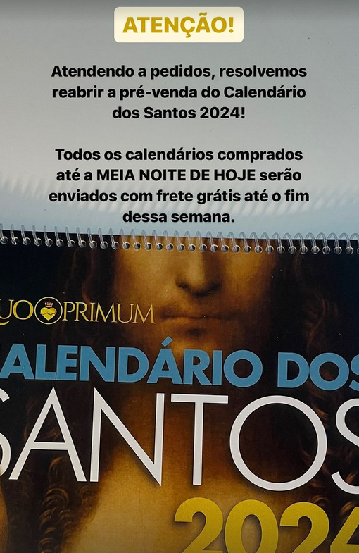 edsonweslenn's tweet photo. Atenção catolicos da timeline:

O Calendário dos Santos 2024 encerra sua primeira pré-venda HOJE A NOITE - os calendarios comprados a partir de amanha serao enviados só no inicio de janeiro

Corre lá e garante o seu ainda em 2023

https://t.co/KZabWaqTXQ https://t.co/P4JRRMUFOE