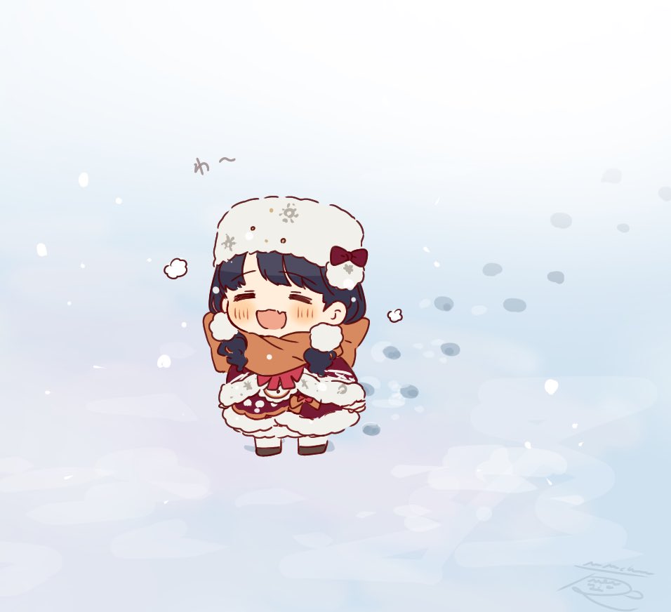 fukumaru koito 1girl solo skin fangs black hair snow chibi closed eyes  illustration images