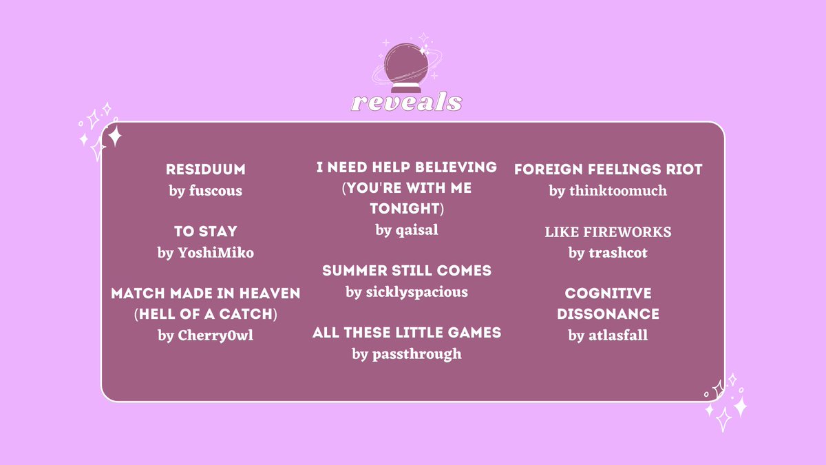 COSMOSFEST's tweet image. 🔮 COSMOSFEST ROUND ONE: REVEALS

Thank you writers and readers for a successful first round! See you in the next one!

🔗 archiveofourown.org/collections/CO…