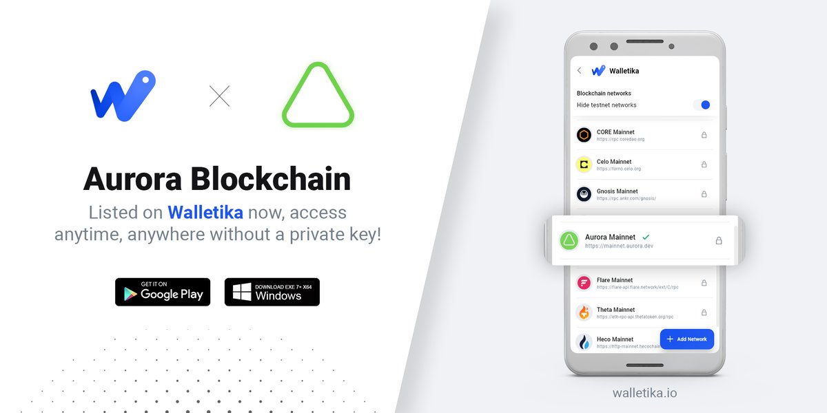 Let's Use Aurora Chain on Walletika Today! 🤩

You can use Aurora Chain as a cold wallet on your USB and without a private key at all 🛡️

Aurora Network is one of our best partners offering fast, secure blockchain and a lot of great services 🔥

Discover more about <a href="/AuroraIsNear/">Aurora</a>