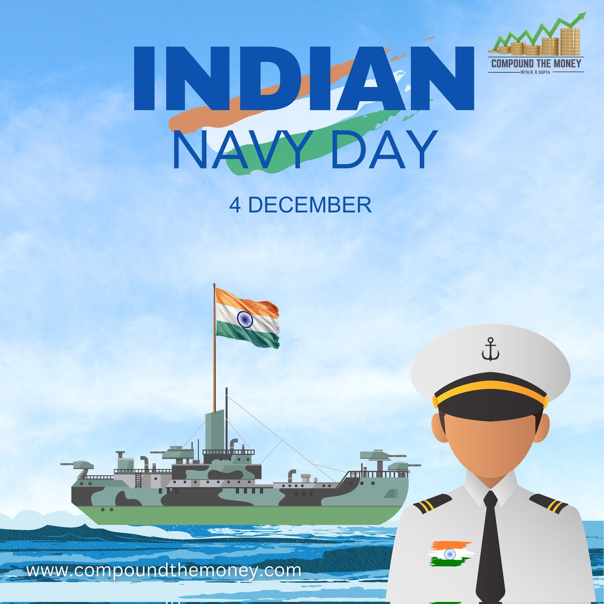 On this navy Day, Sending Gratitude and Best Wishes to the Guardians of our Seas.
Salute their Selfless service and Unwavering Commitment.
.
.
.
Wishing Tthe Brave Hearts of the Indian Navy a Happy Navy Day.
#RKGupta #CompoundTheMoney #nationalnavyday 
#bravehearts #NavyDay
