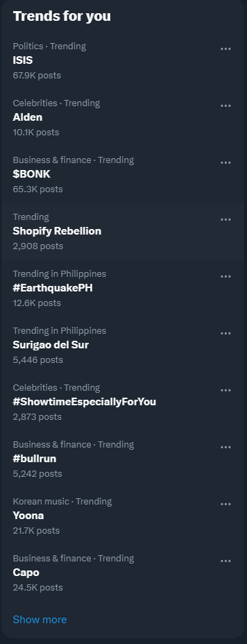 Strikerzxc's tweet image. GM @Portalcoin farmers!

ISIS
Alden
$BONK
Shopify Rebellion
#EarthquakePH
Surigao del Sur
#ShowtimeEspeciallyForYou 
#bullrun
Yoona
Capo