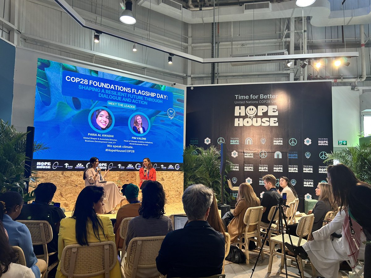 s_hickok's tweet photo. Kicking off my #COP28  at the #HopeHouseCOP28 listening to Pim Valdre of @wef talk about how the youth can help drive climate change.  But an interesting question was posed - why are we still having two COPs - one on nature still separate from the rest of the dialog? @YGLvoices https://t.co/3jX4yPWQjX