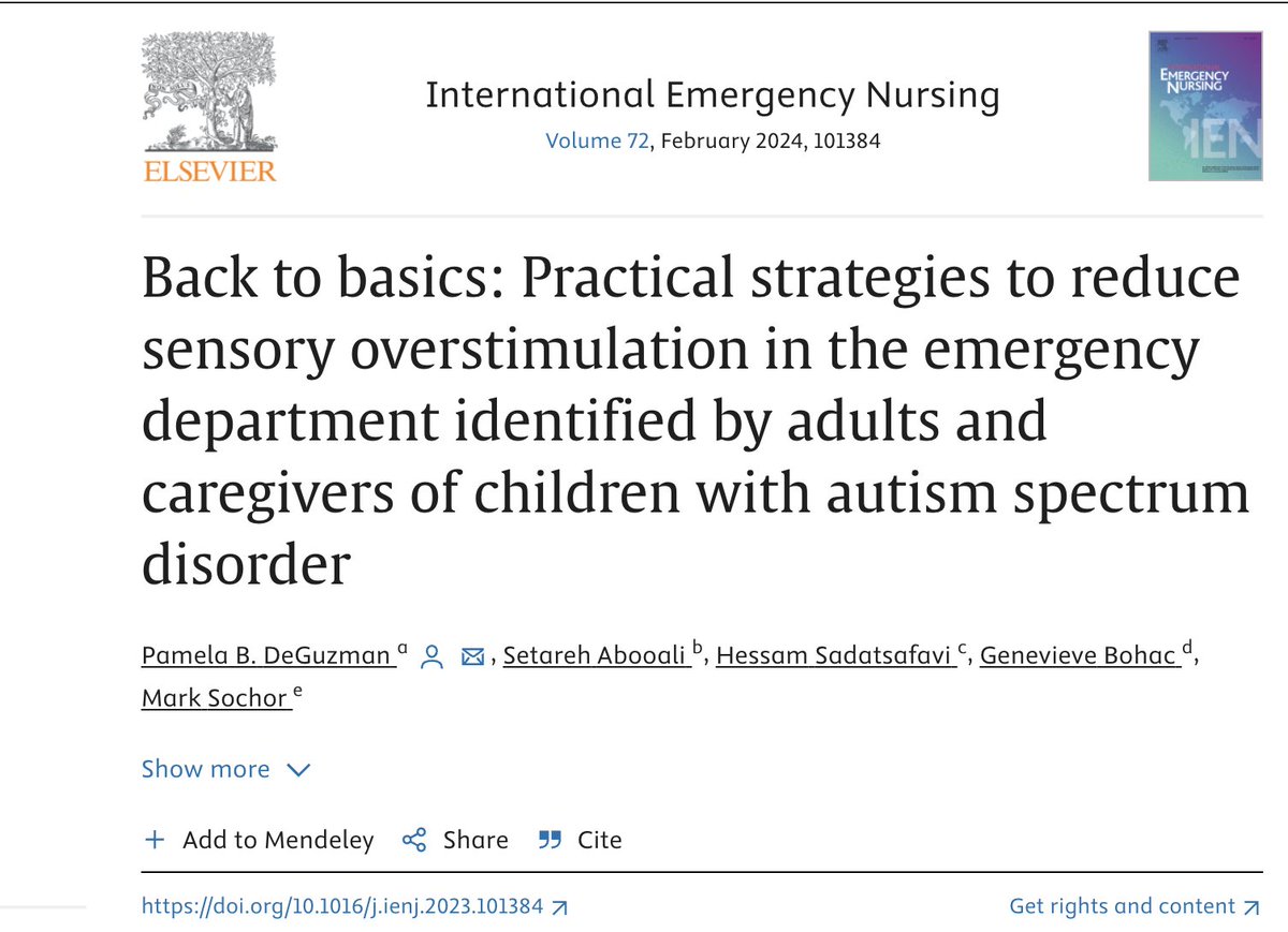 This new qualitative study investigated paediatric and adult #autistic patient's perspectives on reducing #sensory stimulation during an Accident and Emergency (A&amp;E) visit. 

#SensoryProcessing #SensoryFriendly

doi.org/10.1016/j.ienj…
