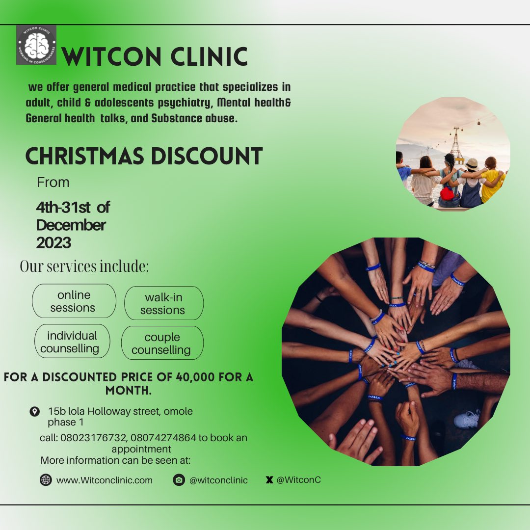 WITCON CLINIC’S HOLIDAY PRICES.🎉
This month, we are hoping to share love through this festive season. 
Visit us and book counseling sessions as low as N40,000 for the month of December!!!
#MentalHealthMatters #MentalHealthAwareness #mentalhealth #witconclinic