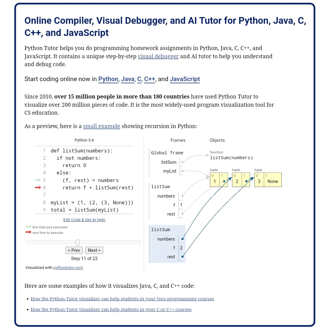2-2) 프로그램 대체 어케 굴러가는 거임? 시각화 사이트 파이썬튜터

pythontutor.com
사실 파이썬보다는 C(특히 데이터 할당부터)에서 시각화해서 보기 좋은 사이트이긴 한데 그래도 없는 것보단 낫습니다. 본인 코드를 라인마다 시각화해줘요. 대체 어디서 삐꾸난거임? 찾기도 좋음.
