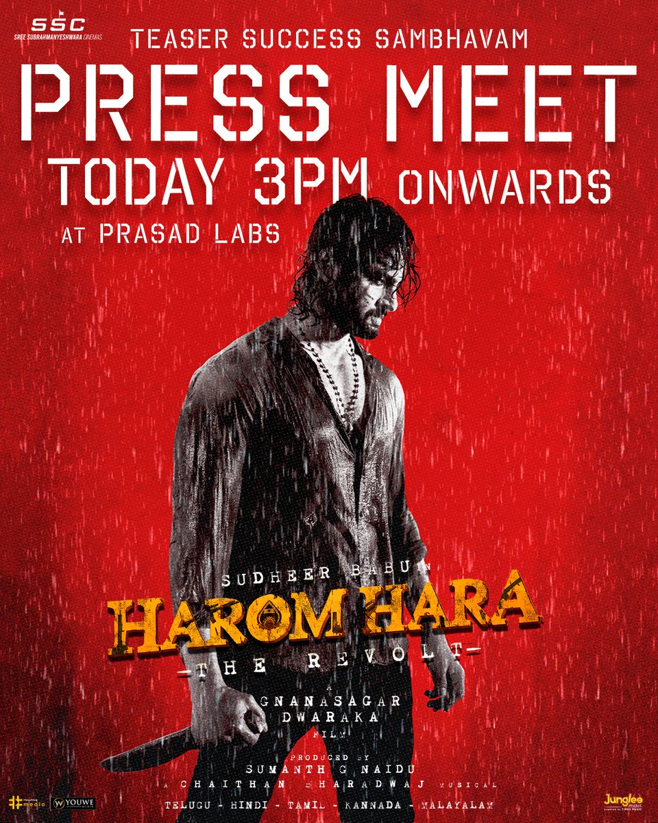 SSCoffl's tweet photo. Join us as we celebrate the #HaromHara Teaser Success Sambhavam❤️‍🔥

Press Meet Today from 3 PM at Prasad Labs 💥

Watch Live here!
- https://t.co/VY85noyNFk 

@isudheerbabu @ImMalvikaSharma @gnanasagardwara @SumanthnaiduG @chaitanmusic @jungleemusicSTH @MediaYouwe https://t.co/fB4veRpf3h