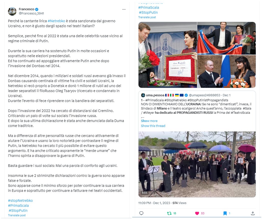 umapess24988053's tweet photo. 2 –  #StopNetrebko   #StopPutinistPropagandists #RussiaIsATerroristState 
Altre condivisioni nei QUOTES al presente thread. RINGRAZIO TUTTI di cuore per la disponibilità alla diffusione e il sostegno dimostrato nei confronti dell’Ucraina. La vostra sensibilità e la vostra solidarietà vi rendono onore.
@Emanuel38133305 - https://t.co/93lVYkXRVt
@GraceM59 - https://t.co/OusVbsttYG
@Francesco_3941 - https://t.co/En2QDfOEoh
@trifilio_angelo  - https://t.co/aDgV54MAV6

#StandWithUkraine
2/n >>>