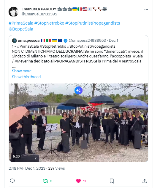 umapess24988053's tweet photo. 2 –  #StopNetrebko   #StopPutinistPropagandists #RussiaIsATerroristState 
Altre condivisioni nei QUOTES al presente thread. RINGRAZIO TUTTI di cuore per la disponibilità alla diffusione e il sostegno dimostrato nei confronti dell’Ucraina. La vostra sensibilità e la vostra solidarietà vi rendono onore.
@Emanuel38133305 - https://t.co/93lVYkXRVt
@GraceM59 - https://t.co/OusVbsttYG
@Francesco_3941 - https://t.co/En2QDfOEoh
@trifilio_angelo  - https://t.co/aDgV54MAV6

#StandWithUkraine
2/n >>>