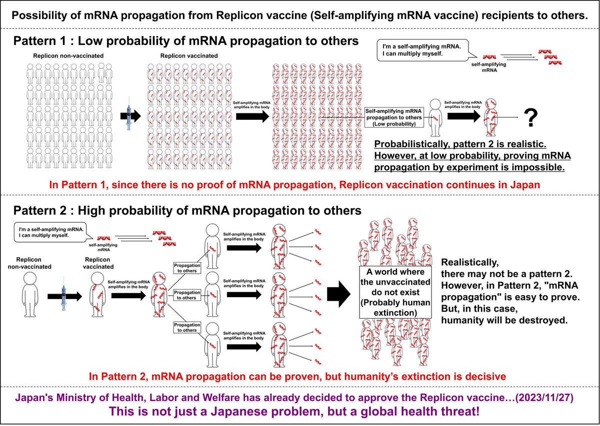 Recently, in Japan, the use of self-amplifying “replicon” vaccine using new mRNA technogy was approved.

This vaccine turns bodies of vaccinated people into mRNA factories.

There is great concern among scientists that the people vaccinated with the new “replicon” mRNA vaccine…