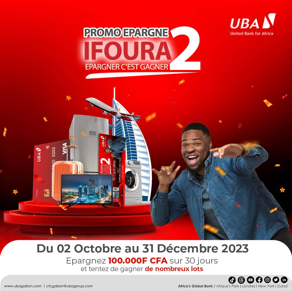 Plus que quelques jours avant le prochain tirage au sort de notre campagne promo épargne IFOURA !!

#RDV sans tarder dans l'une de nos agences UBA Gabon pour augmenter vos chances ! 

#UnitedBankforAfrica #UBAGabon #Banque #Digital #Saving #IFOURA #COMPTEEPARGNE