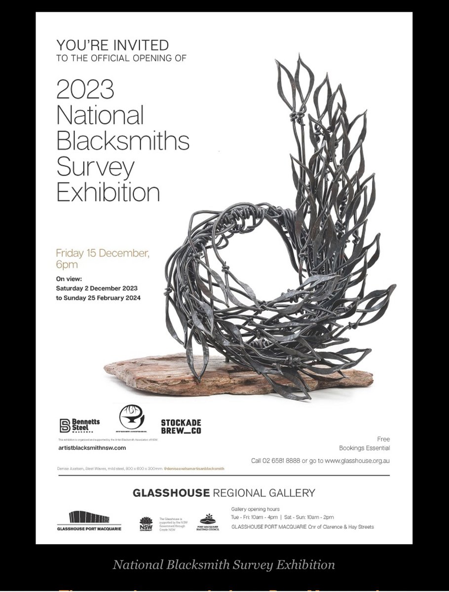 The National Blacksmith Survey Exhibition is a testament to the enduring art of blacksmithing. Join us on December 15th at 6 pm for a mesmerising journey through the forged wonders that grace Port Macquarie's creative landscape. #blacksmithonblockchain

<a href="/Pamela1Vh/">PamelaCorals.tez.eth🏴‍☠️</a> <a href="/VHorizonArt/">VirtualHorizon Art & Tezos Baker</a>