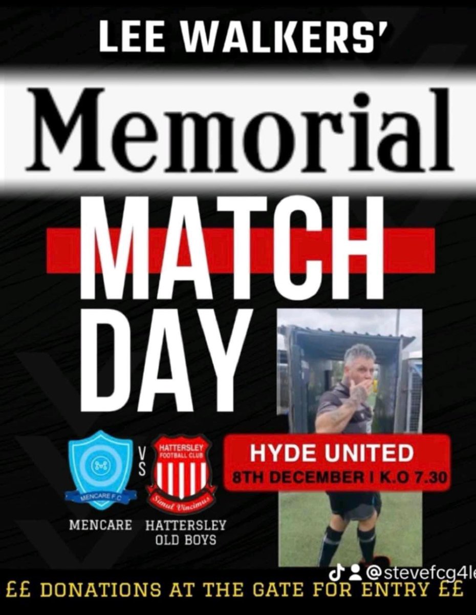 MencareFC's tweet photo. On Friday we will be honouring our friend LEE WALKER 💔

Hyde United 
Gates open 6.30pm 
Kick off 7.30pm

This will be an extremely emotional day but one of my proudest days too.
PLEASE 🙏 PLEASE 🙏 PLEASE 🙏  come out in your masses for LEE 💔 https://t.co/ZL12Bp2bdY