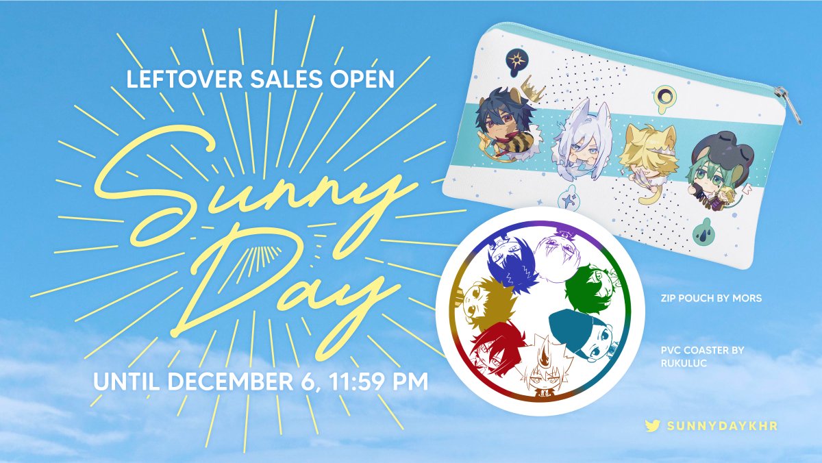 ☀️ LEFTOVER SALES END IN 48 HOURS ☀️

Last 2 days to buy goodies from Sunny Day, a daily-life themed Katekyo Hitman Reborn fanzine!! Don't miss out!

Zip Pouch by <a href="/mors_gn/">玉 | Read pin | Game On Expo 138</a>
PVC Coaster by <a href="/rukuluc/">Luc :^)</a> 

Leftovers end December 6, 11:59pm PST! sunnydayzine.bigcartel.com