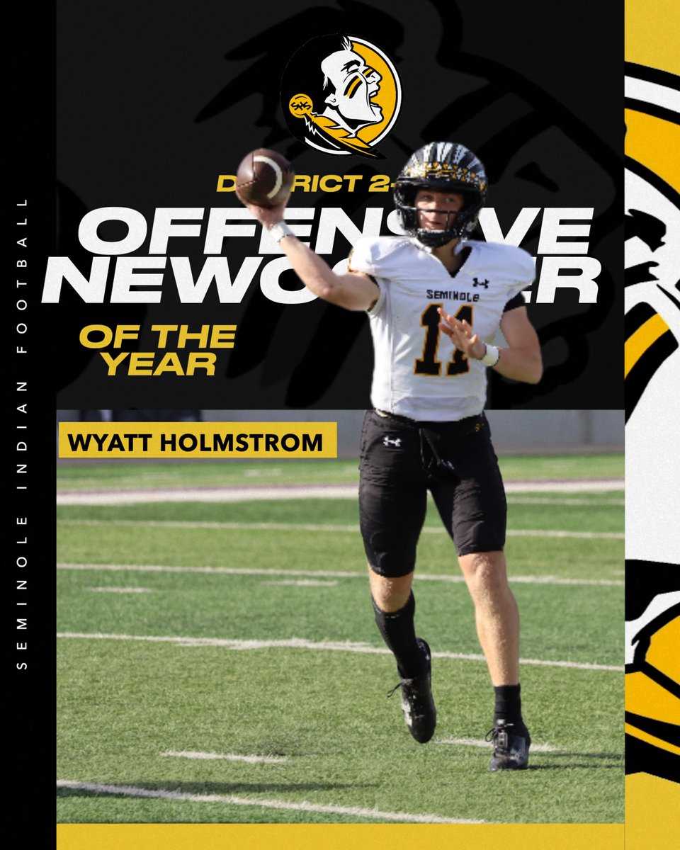 SHSIndianFB's tweet photo. ⚫️ ALL-DISTRICT 🟡

Off. Newcomer of the Year

Jr. Wyatt Holmstrom
269/377 (71%) 3,221 yds 41 TDs
124 car. 576 yds 7 TDs

#TR1BE https://t.co/oHH0U2rSNM