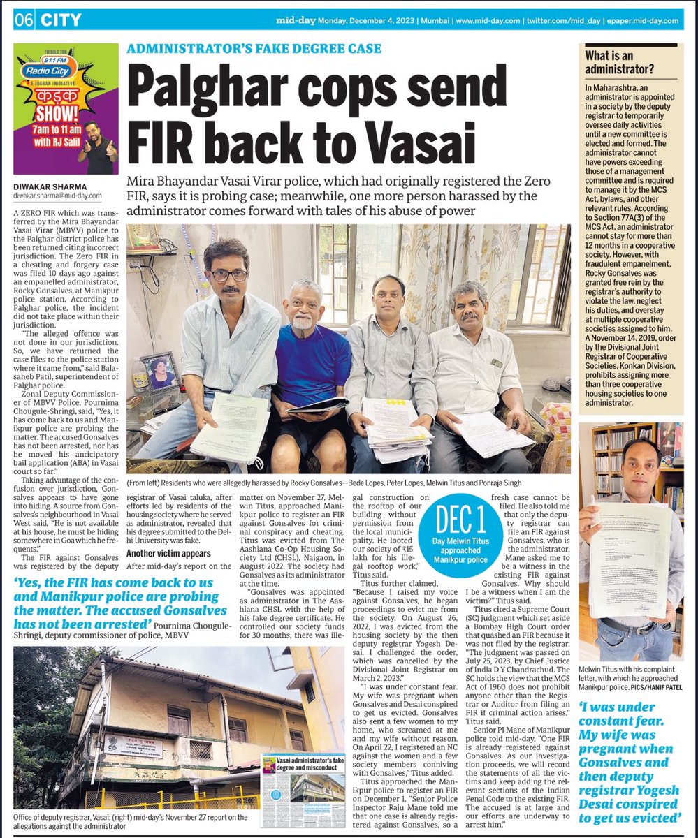 DiwakarSharmaa's tweet photo. A #ZERO_FIR which was transferred by MBVV police to the cops in Palghar distt has been returned to #Vasai citing incorrect jurisdiction. Taking advantage of the confusion over jurisdiction, accused appears to have gone into hiding.
#Administrator #CHSL #RegistrarOfCoopSocieties https://t.co/10dyersaDg