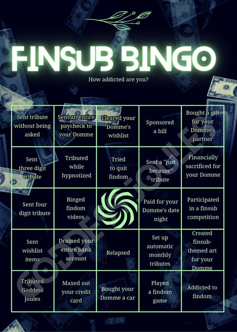 I made a findom bingo card for finsubs! Show me your bingo cards! https://t.co/1DvYtf4Qui