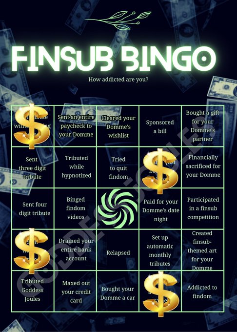 I made a findom bingo card for finsubs! Show me your bingo cards! https://t.co/1DvYtf4Qui