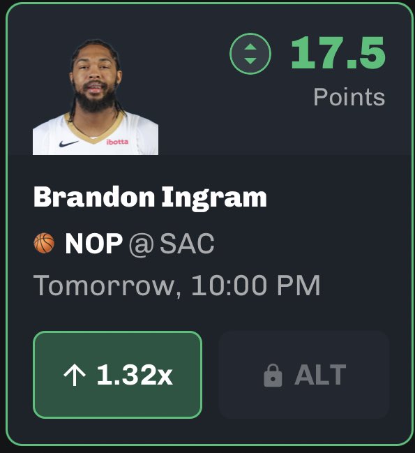 PrizePicksChef's tweet photo. 🚨 #NBA VALUE PROP: Brandon Ingram O17.5 Points! 🔒 (Alt. Line)

🔘 Over L4/4 vs SAC (avg. 25 PPG)

This is free money! 💰 

#PrizePicks #GamblingTwitter #PlayerProps #UnderdogFantasy   #DFS #FreePicks #DraftKings           #SportsBetting #BettingTips #GamblingX #PrizePicksNBA #PrizePicksNFL