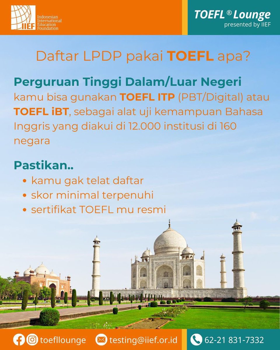 IIEFJakarta's tweet photo. Sebentar lagi pendaftaran beasiswa LPDP dibuka. Sudah persiapkan skor TOEFL mu? Yang belum, yuk segera disiapkan. Ingat, kamu perlu waktu untuk booking seat ujian sampai menunggu hasilnya.

Hubungi kami untuk informasi TOEFL iBT dan TOEFL ITP yang jelas dan akurat, ya! https://t.co/nAnupvqhvv