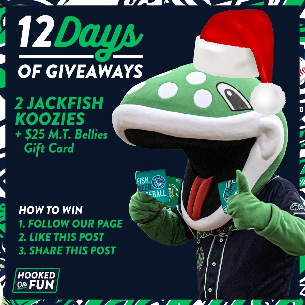 Here comes Jacques-a-Claus, here comes Jacques-a-Claus right down Quaker Road Lane! Day Four FINatics! Jacques is tossin' koozies left and right and a $25 M.T. Bellies Gift Card to boot! 1. Follow us 2. Like this post 3. Share this post Winner to be announced at 3pm
