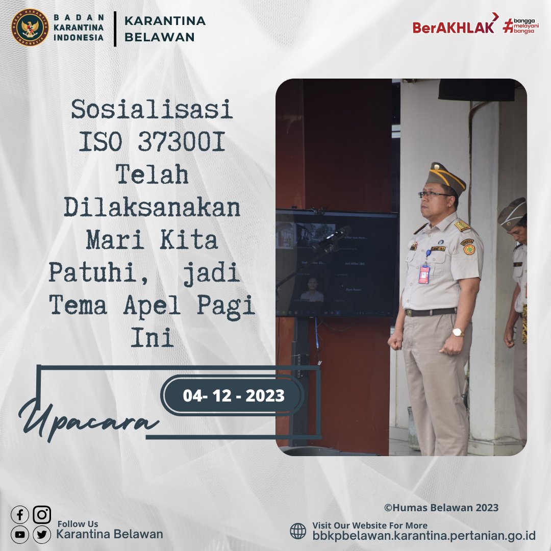 KarantinaBLW's tweet photo. Sosialisasi ISO 373001 Telah Dilaksanakan Mari Kita Patuhi,  jadi  Tema Apel Pagi Ini

SobatQ, hari ini (Senin, 04/12) Karantina Belawan melaksanakan apel pagi. Priyadi mengatakan, "Kita telah melaksankan Sosialisasi ISO 373001 tentang Kepatuhan, mari sama2 kita patuhi. https://t.co/BYYQL0UEGc