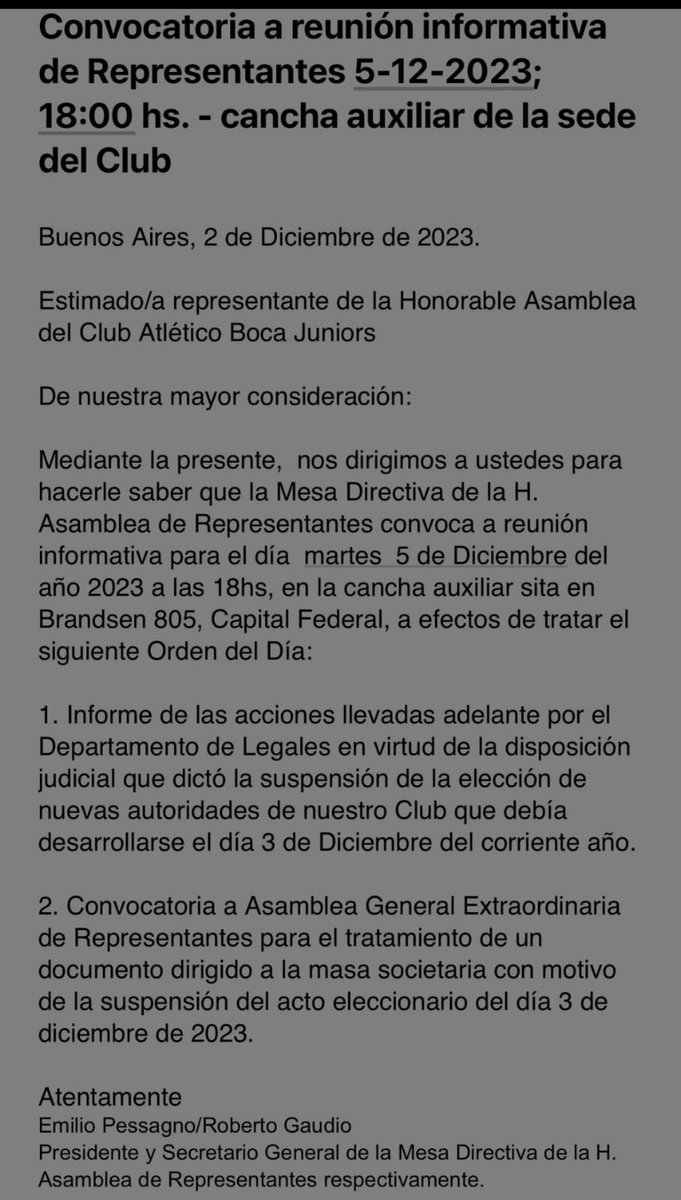 LuisFregossi's tweet photo. AHORA! Boca llama a una asamblea extraordinaria de representantes para este martes 5 /12 . Se van a tratar los puntos mencionados en este documento. Se viene,  además,  la expulsión de algunos socios?? .. https://t.co/vO2ci77OSn