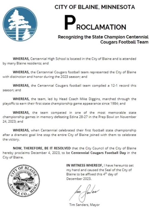 Tomorrow is officially “Centennial Cougar Football Day” in the city of Blaine! 

Tomorrow night we will be honored at the City Council meeting.