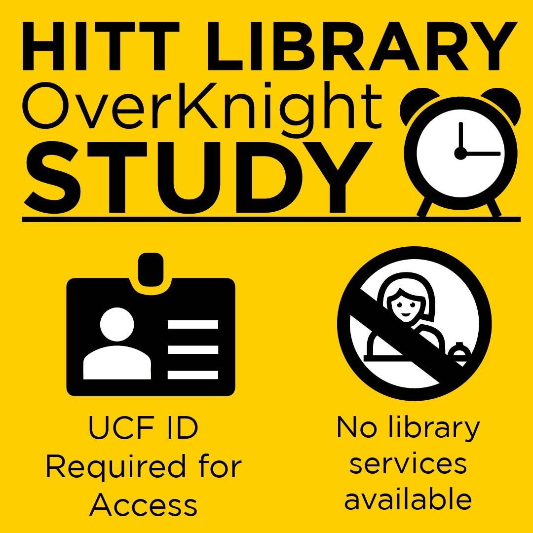 UCFGradStudies's tweet image. 📚 Late-night study alert! 🌙 Discover OverKnight Study hours at Hitt Library, open Sun-Thurs from 1-6 am. Your ideal quiet spot for late-night focus. 🦉✨ #UCFGraduateLife #StudySpace