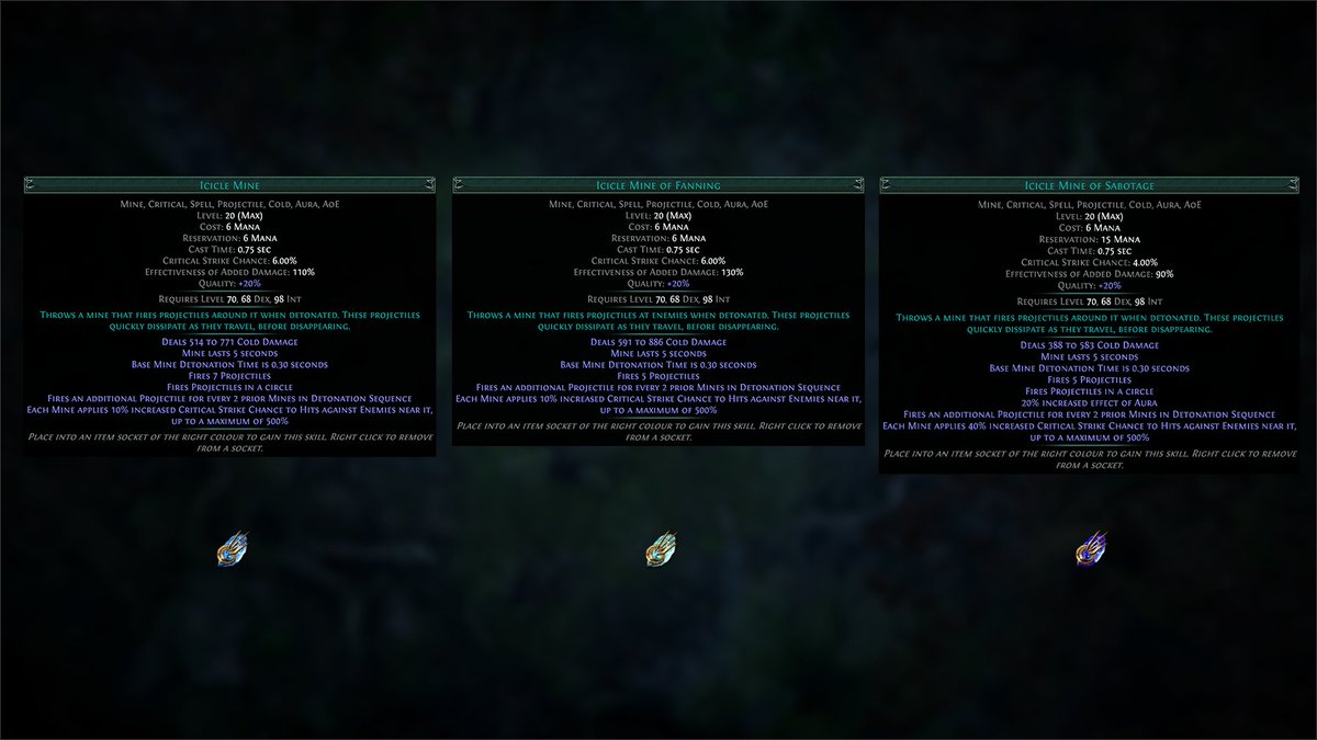 pathofexile's tweet photo. Something came up today that prevented us from getting the first batch of Transfigured Gems out. We apologise for the delay and are keen to release them as soon as possible! To hold you over, check out the Icicle Mines Skill Gem and its Transfigured Variations. https://t.co/s4QEh9IRpR
