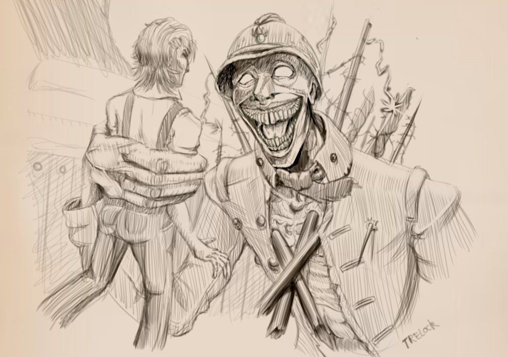 Trelockmont's tweet photo. I'm part of @virulenceart 's STATIC game and made a doctor character who does sketching for a hobby.

Made this little gem of one of the boss encounters we had with a Mangled.
And believe it or not, that's all digital. https://t.co/RnyS6wrsTL