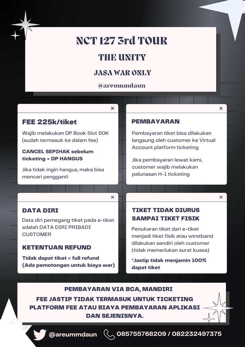 OPEN JASTIP NCT 127 3rd TOUR <THE UNITY> in Jakarta

JASA WAR

▪︎Fee 225k/tix
▪︎Trusted 100% (testi 📌)
▪︎Pakai Data Diri Customer
▪︎Bisa self payment

Booking/questions? WA di bio!

#NCT127_NEOCITY_THE_UNITY #NCT127 #NCT127inJKT