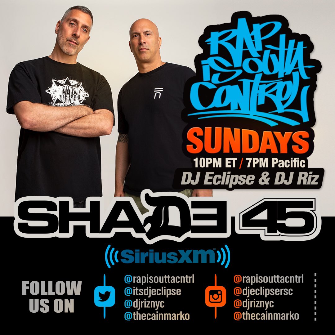 RapIsOuttaCntrl's tweet photo. Coming up next on @Shade45 is @RapIsOuttaCntrl with @ItsDJEclipse & @djriznyc. Tune in at 10pm EST / 7pm PST. Our guests tonight are Beneficence, El Da Sensei and Cymarshall Law. And of course @thecainmarko on announcements. https://t.co/ap6X0XbZWB
