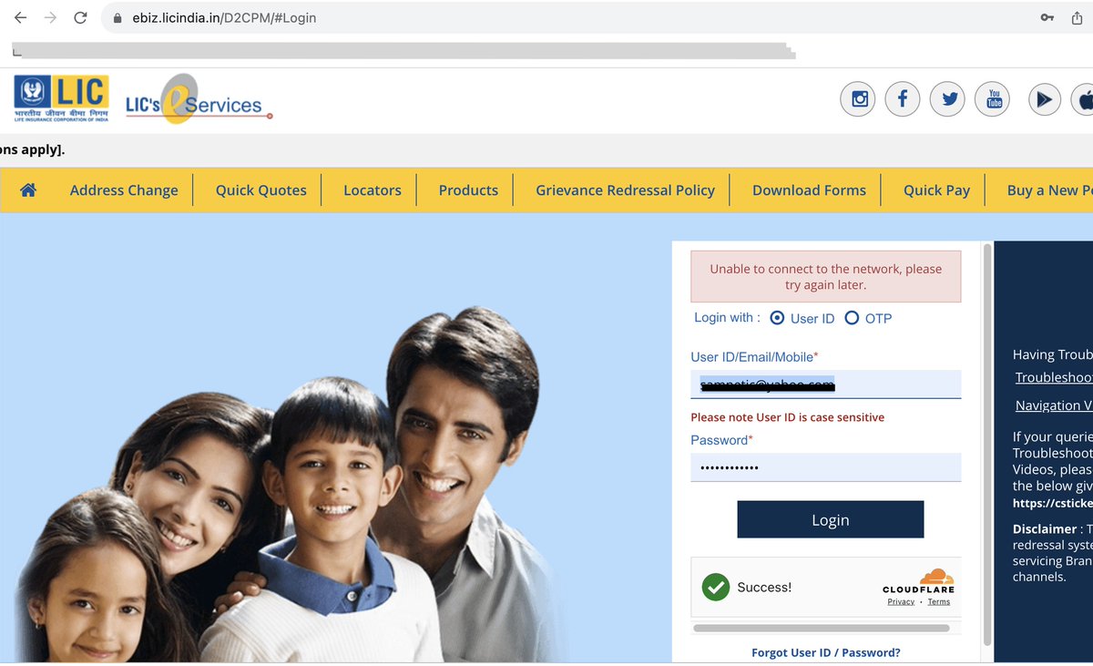 samnetic's tweet photo. @LICIndiaForever Help !!!! It has been almost a 4 days now, I am unable to login to your LIC portal. I suspect it could be due to your recent Cloudflare security settings. Screenshot attached.
I have tried to login in different browsers and different machines. It just wont wk. https://t.co/a24tEmBPJy
