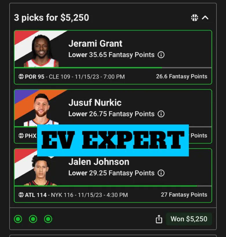 EVExpertBetting's tweet photo. Kept you waiting #GamblingTwitter here's some more recent wins for our beloved members. 3 mans using our in-house Fantasy Score model, and a reminder to only play 3 man powers no-insurance on UD! #sportsbettingtwitter https://t.co/E9oUcJVtQm