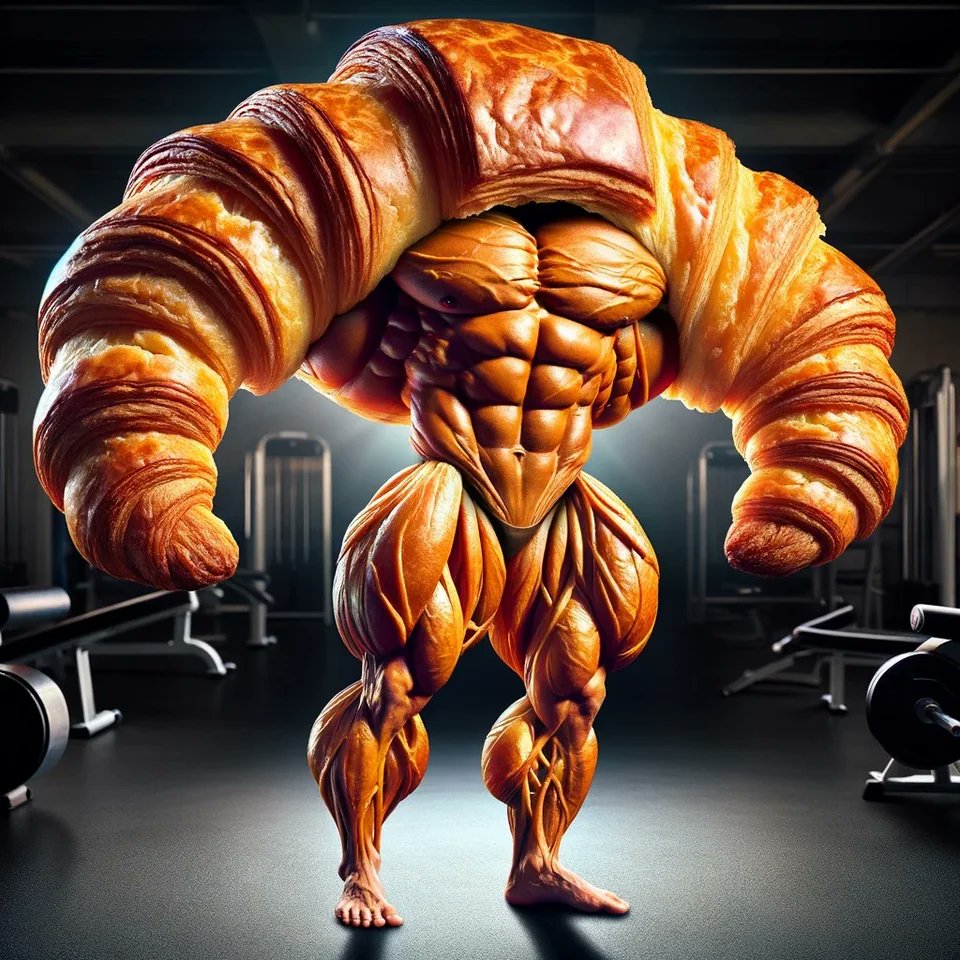 ChatGPT, when asked to progressively 'make a man more muscular.' The final result is a croissant! 😀