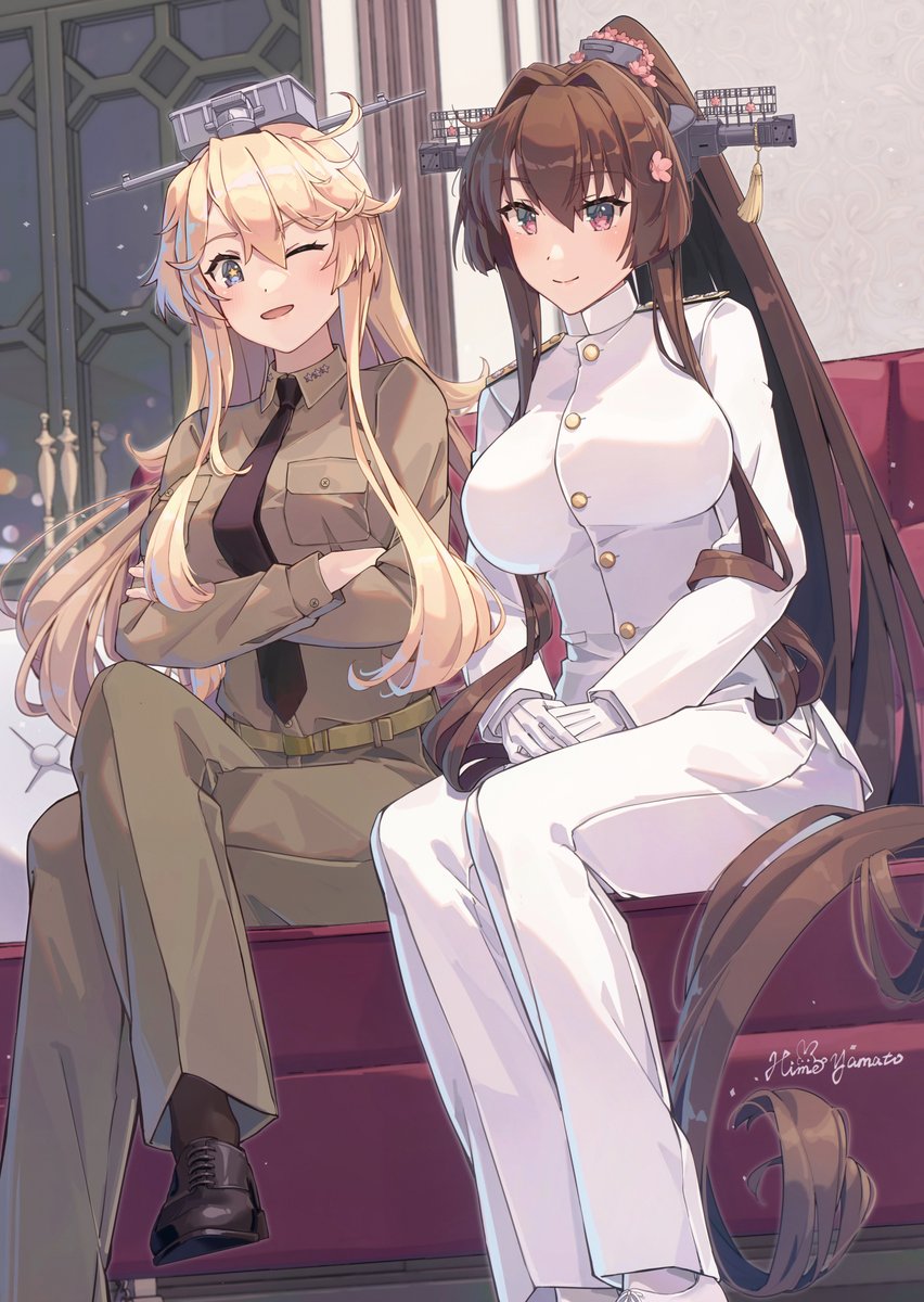 iowa (kancolle) ,yamato (kancolle) 2girls multiple girls blonde hair military uniform military brown hair long hair  illustration images