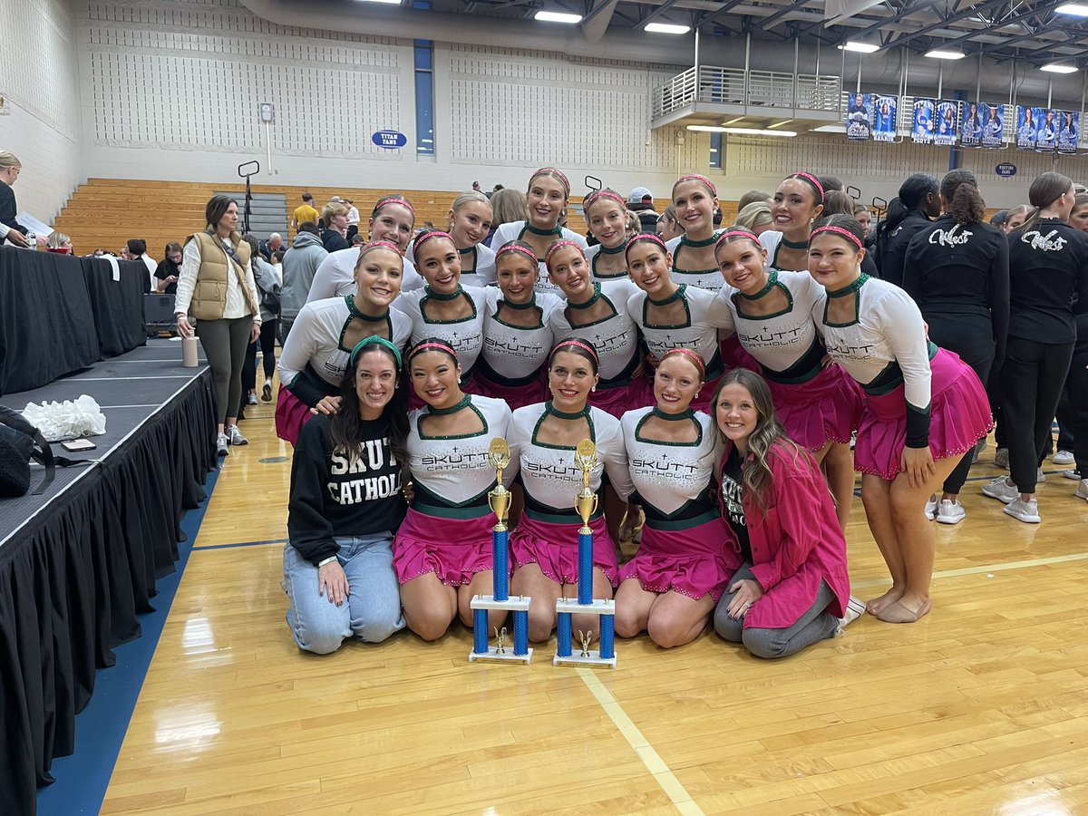 SkuttCatholic's tweet photo. SkyHawk dance team kicks off the competition season with 🥇in both Jazz AND Pom routines at the Papio South Showcase this afternoon! 

@skuttdanceteam https://t.co/818n5X2xn8