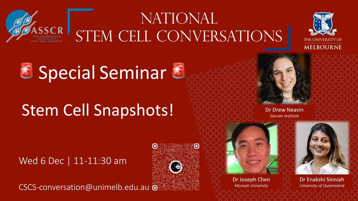 Australasian Society for Stem Cell Research (@the_asscr) on Twitter photo This Wednesday don't miss our Final National Stem Cell Conversation for 2023, 6 Dec at 11 am AEDT. Hear from THREE of the ASSCR finest in a special Stem Cell Snapshots seminar.
👉Email us to “Join the Conversation”: CSCS-conversation@unimelb.edu.au This Wednesday don't miss our Final National Stem Cell Conversation for 2023, 6 Dec at 11 am AEDT. Hear from THREE of the ASSCR finest in a special Stem Cell Snapshots seminar.
👉Email us to “Join the Conversation”: CSCS-conversation@unimelb.edu.au