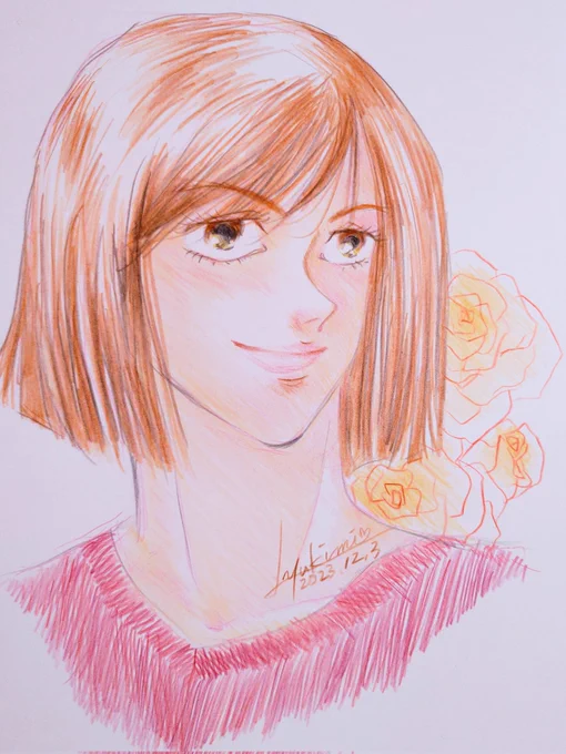 こんにちは(*^▽^)ノ.* お昼 野薔薇ちゃん描きたかったんだが、鉛筆も消しゴムもない。 色鉛筆だけ、あったので、一発描きで描きました  #呪術廻戦ファンアート #釘崎野薔薇 #アナログ絵 #色鉛筆イラスト