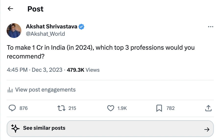 Akshat_World's tweet photo. Recently, Zomato was in the news for offering a 1.6Cr salary at IIT D.

The breakup was: Rs 60,00,000 in gross pay + Rs 1,00,00,000 in Restricted Stock Units.

What would be the net pay, is a guess.

Turns out, it was a marketing stunt. And, even this offer was withdrawn.

If you go back 4 years ago, Startups were paying crazy salaries.

Getting 25Lakh (net) was not unheard of for freshers.

Now, such offers are gone.

I investigated further, spoke to a few Partners at reputed consulting firms, even their net salary is less than 1Cr (here we are speaking about a fairly senior position, not freshers).

Investment Banking (from a salary viewpoint) used to be great. But, the number of Investment Banking front end roles have dried up considerably.

On this tweet that I did on Twitter, top 3 options came out:

[1] Politician: yes, they make a lot of money. But, extremely hard to become one. You need a lot of money to become a successful politician in the first place.

[2] Course selling/content creation: Had done a piece earlier why content creation is getting harder. Do it for fun, but if you are doing it as a profession. And, banking on it to make money. It might take a long-long time.

Supply of content >>> has gone up exponentially.

[3] Investing: A really bad idea to MAKE 1 Crore.

The goal of investing was always to protect your wealth from inflation.

Unfortunately, people got caught up in the entire episode of: FnOs and whatnot.

Honestly, if you are making 15-20% CAGR sustainably from the market (pre-tax) that is a very good return. Anything more, you will have to take crazy risk.

So to make 1Cr, just from investing, you require big capital to begin with.

You should definitely learn investing to protect your wealth.

And, grow it in small amounts.

But, picking it as a profession doesn't work for most. You are likely to make more money from your current job.

In 2024, I feel that the best way to make money would still be:

a. Doing a solid corporate job.
b. Starting a niche business where competition is less or you have some unfair advantage.
c. Going abroad and working.

This is how you are likely to make your first 1 Crore.
